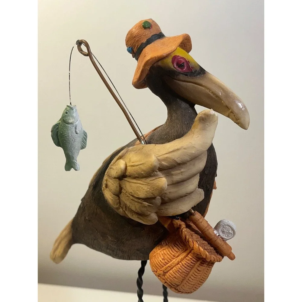 Whimsical Fisherman Crow Figurine with Spring To Bobble Resin Sculpture